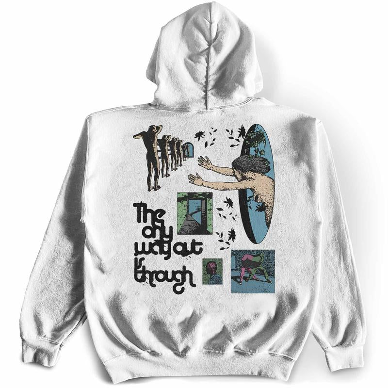 Awake Happy - the Only Way Out Is through Hoodie Menswear Unisex Womens Sweaters Pullover Big Baggy Graphic Print Cotton Polyester Blend Gildan Soft Tops DTG Printed Mindfulness Spiritual Motivational Self Help Mental Health