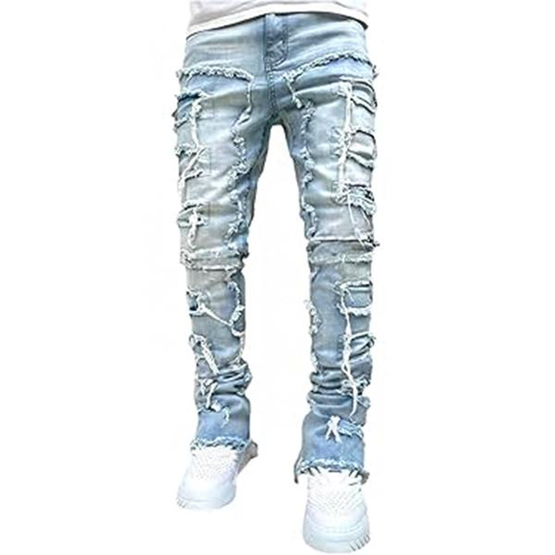 Men'S Creative Fringe Straight Jeans, Men'S Layered Jeans Skinny Ripped Jeans Slim Jeans Y2K Goth Harajuku Emo Jeans, Men'S Casual Mid-Stretch Street Style Hip-Hop Barrel Jeans, Quality Fabric Skinny Jeans for All Seasons