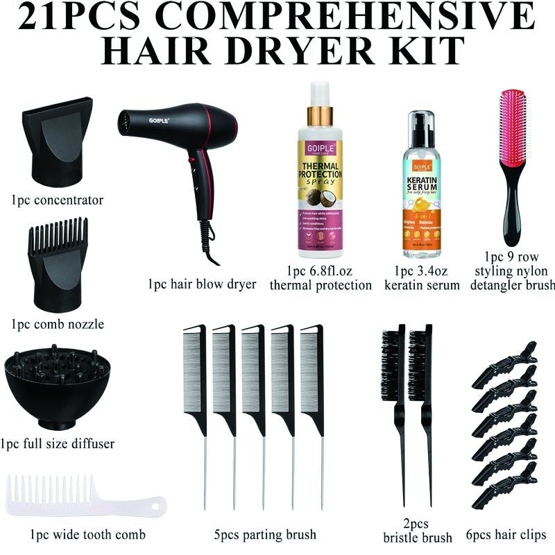 Professional 1800W Blow Dryer Set - Ionic Technology, Low Noise, and Constant Temperature Control Full Size Diffuser Keratin Serum Concentrator