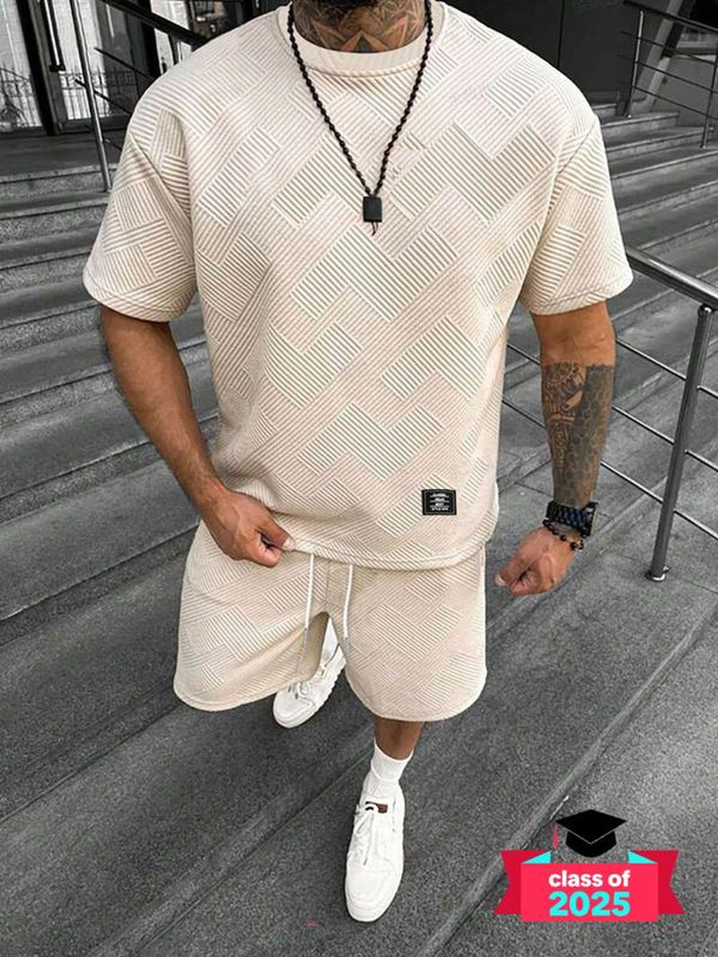 Men'S Solid Color Textured Letter Patched Crewneck Shortsleeve Tee & Drawstring Waist Shorts Set, Regular Fit Casual Fashion Short Sleeve T-Shirt & Pocket Track Shorts, Men'S Summer Clothes for Daily Wear, Womenswear, Summer Outfit Set, Clothing Sets