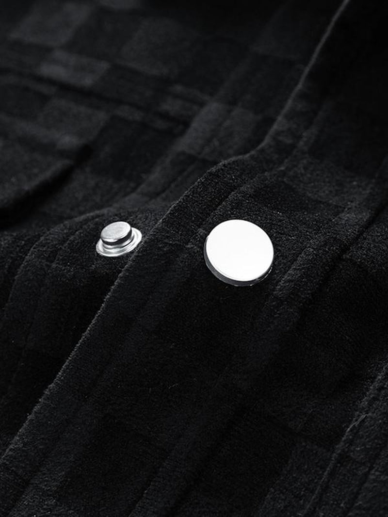Men'S Plain Plaid Print Button Front Suede Jacket, Regular Fit Casual Long Sleeve Collared Pocket Outerwear for Spring & Fall, Coat, Fashion Menswear for Daily Wear