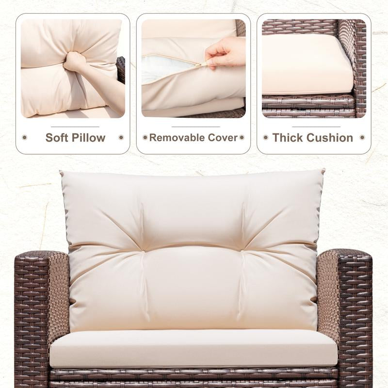 Furmax Outdoor Furniture 3 Pieces Patio Bistro Furniture Set, Rattan Conversation Chair with Cushion Cushion and Tea Table, Patio Furniture Set Balcony Garden Porch