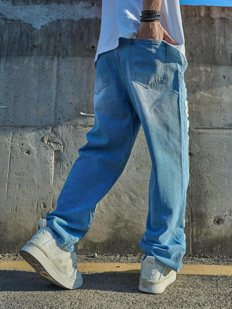 Men'S Letter Print Denim Jeans, Loose Casual Straight Leg Jeans for Daily Wear, Jeans for Men, Men'S Trousers for All Seasons, Jeans for Men, Cotton, Relaxed Jeans, Streetwear, Graffiti Jeans, Menswear, Pants