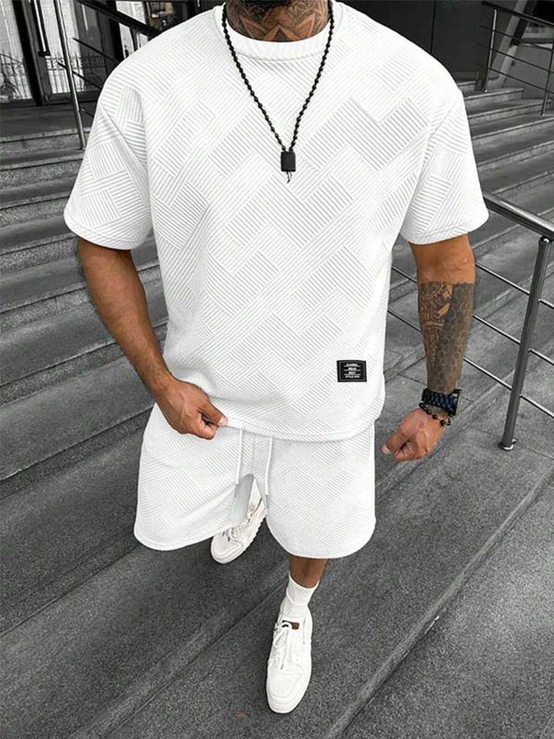 Men'S Solid Color Textured Letter Patched Crewneck Shortsleeve Tee & Drawstring Waist Shorts Set, Regular Fit Casual Fashion Short Sleeve T-Shirt & Pocket Track Shorts, Men'S Summer Clothes for Daily Wear, Womenswear, Summer Outfit Set, Clothing Sets