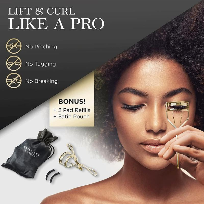 Brilliant Beauty Eyelash Curler with Satin Bag & Refill Pads - Award Winning - No Pinching, Just Dramatically Curled Eyelashes for a Lash Lift in Seconds