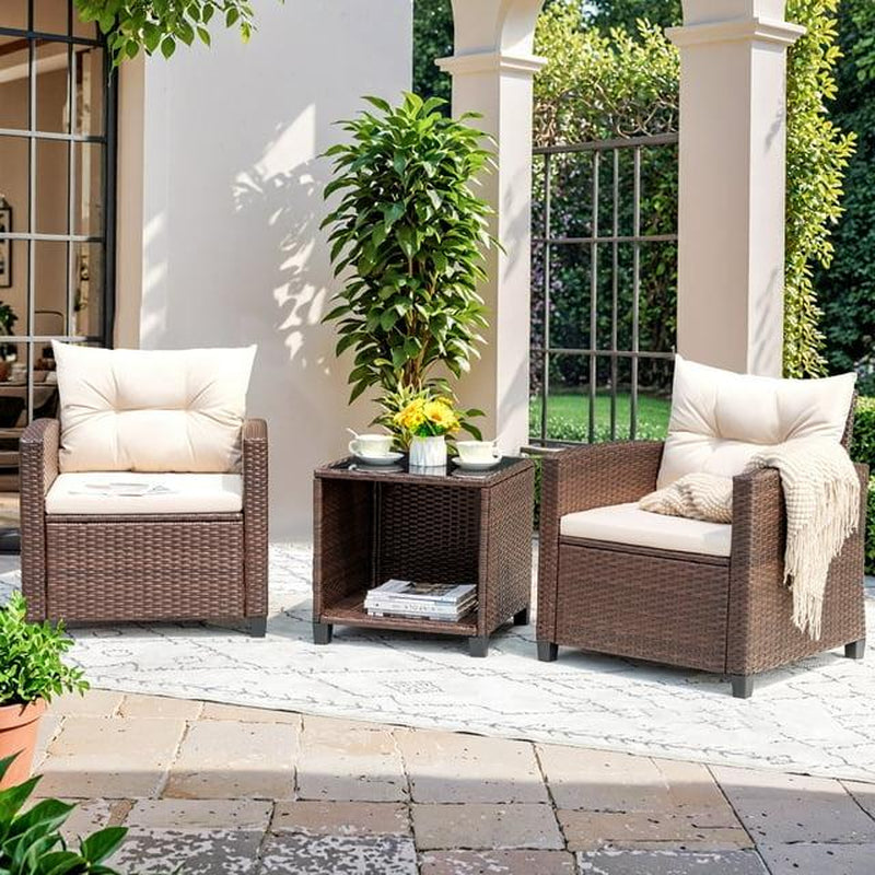 Furmax Outdoor Furniture 3 Pieces Patio Bistro Furniture Set, Rattan Conversation Chair with Cushion Cushion and Tea Table, Patio Furniture Set Balcony Garden Porch