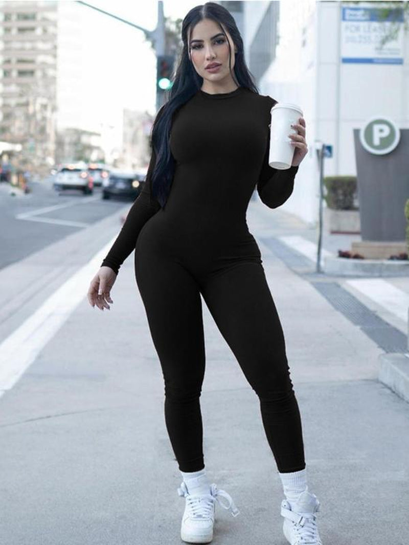 Women'S Solid Textured round Neck Bodycon Jumpsuit, Crew Neck Long Sleeve Tight One Piece Playsuit Jumpsuit, Fashion Ladies' New Autumn Clothes