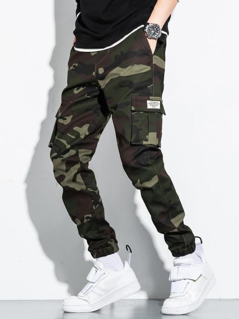 Men'S Camo Print Flap Pocket Patched Cargo Pants, Street Casual Elastic Waist Jogger Pants for Daily Wear, Stylish Menswear, Pantalones Para Hombre