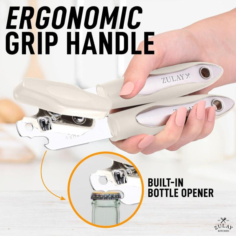Zulay Kitchen Handheld Can Opener - Durable Manual Opener with Smooth Edge Stainless Steel Blades, Comfortable Grip, and Large Turn Knob Cover