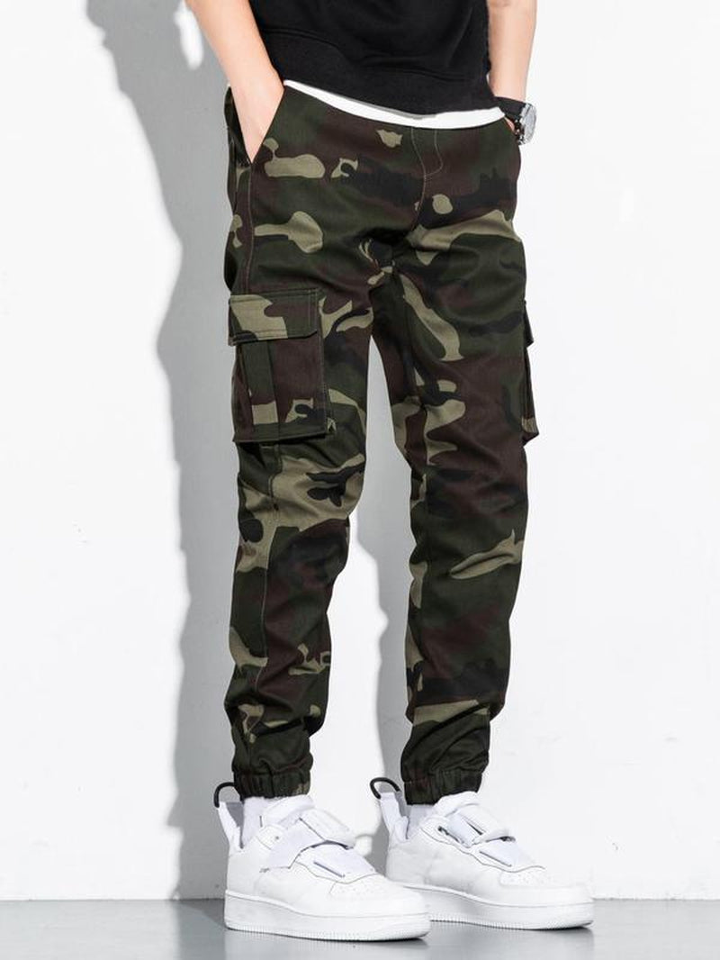 Men'S Camo Print Flap Pocket Patched Cargo Pants, Street Casual Elastic Waist Jogger Pants for Daily Wear, Stylish Menswear, Pantalones Para Hombre