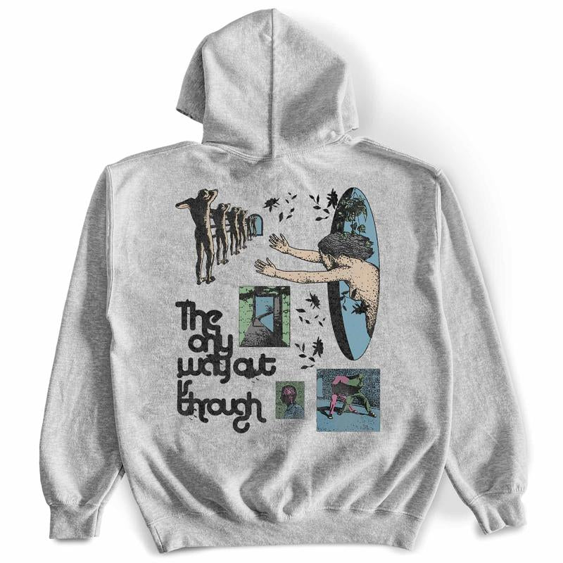 Awake Happy - the Only Way Out Is through Hoodie Menswear Unisex Womens Sweaters Pullover Big Baggy Graphic Print Cotton Polyester Blend Gildan Soft Tops DTG Printed Mindfulness Spiritual Motivational Self Help Mental Health