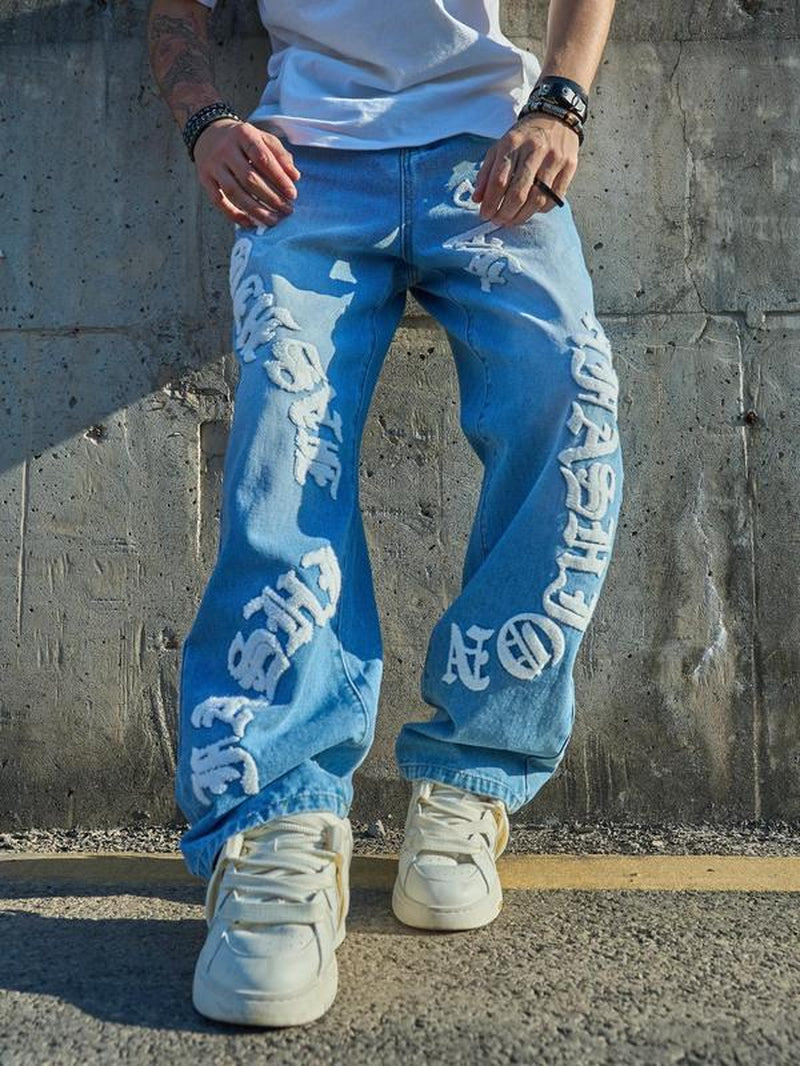 Men'S Letter Print Denim Jeans, Loose Casual Straight Leg Jeans for Daily Wear, Jeans for Men, Men'S Trousers for All Seasons, Jeans for Men, Cotton, Relaxed Jeans, Streetwear, Graffiti Jeans, Menswear, Pants