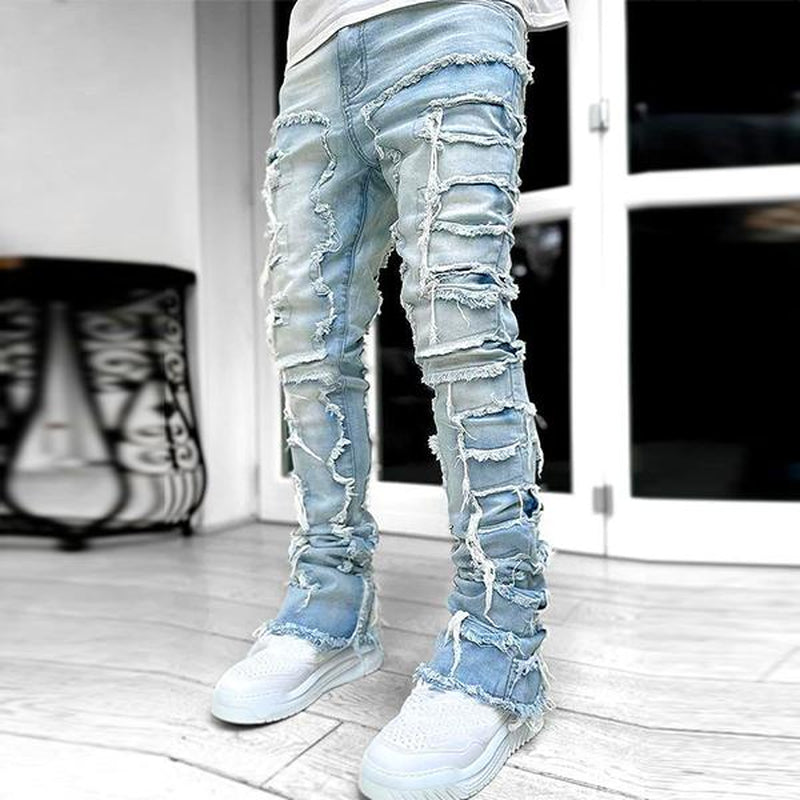 Men'S Creative Fringe Straight Jeans, Men'S Layered Jeans Skinny Ripped Jeans Slim Jeans Y2K Goth Harajuku Emo Jeans, Men'S Casual Mid-Stretch Street Style Hip-Hop Barrel Jeans, Quality Fabric Skinny Jeans for All Seasons