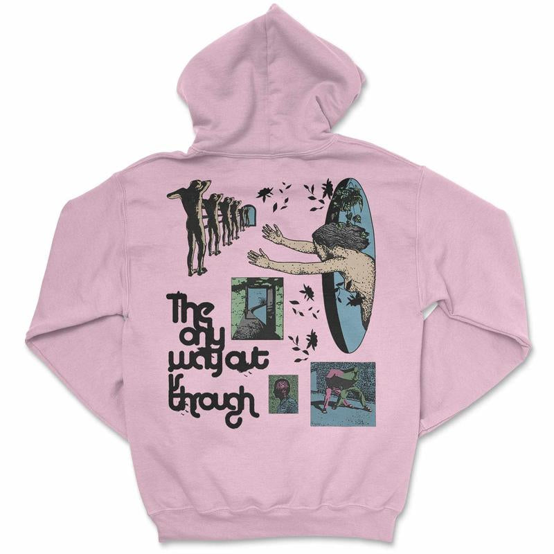 Awake Happy - the Only Way Out Is through Hoodie Menswear Unisex Womens Sweaters Pullover Big Baggy Graphic Print Cotton Polyester Blend Gildan Soft Tops DTG Printed Mindfulness Spiritual Motivational Self Help Mental Health