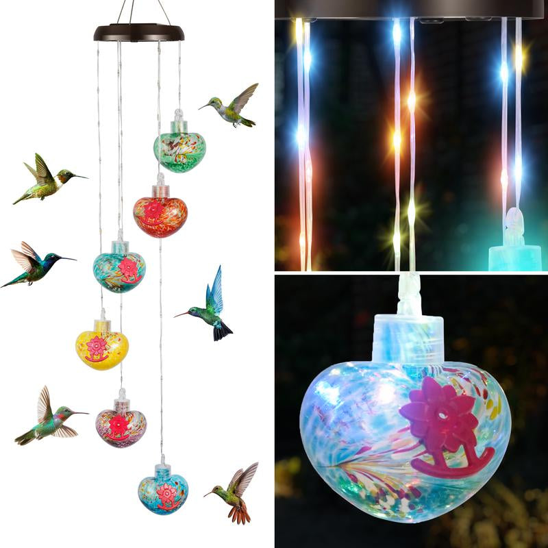 LUJII Solar Windchimes Hummingbird Feeders for Outdoors, Lighted LED Wires & 6 Hand Blown Glass, Heart Shaped, Garden Accessories