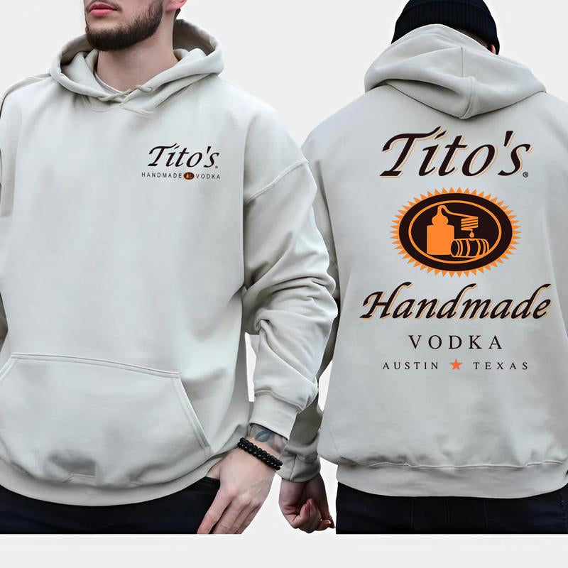 Tito'S Handmade Vodka 2-Sided Hoodie T-Shirt, Texas Austin Graphic Pullover, Casual Streetwear for Men and Women, Summer Party Outfit
