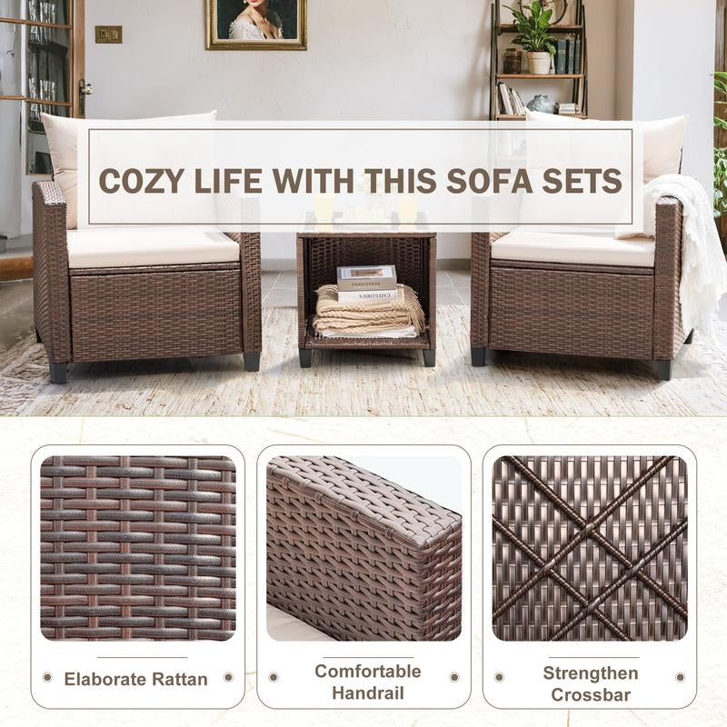 Furmax Outdoor Furniture 3 Pieces Patio Bistro Furniture Set, Rattan Conversation Chair with Cushion Cushion and Tea Table, Patio Furniture Set Balcony Garden Porch