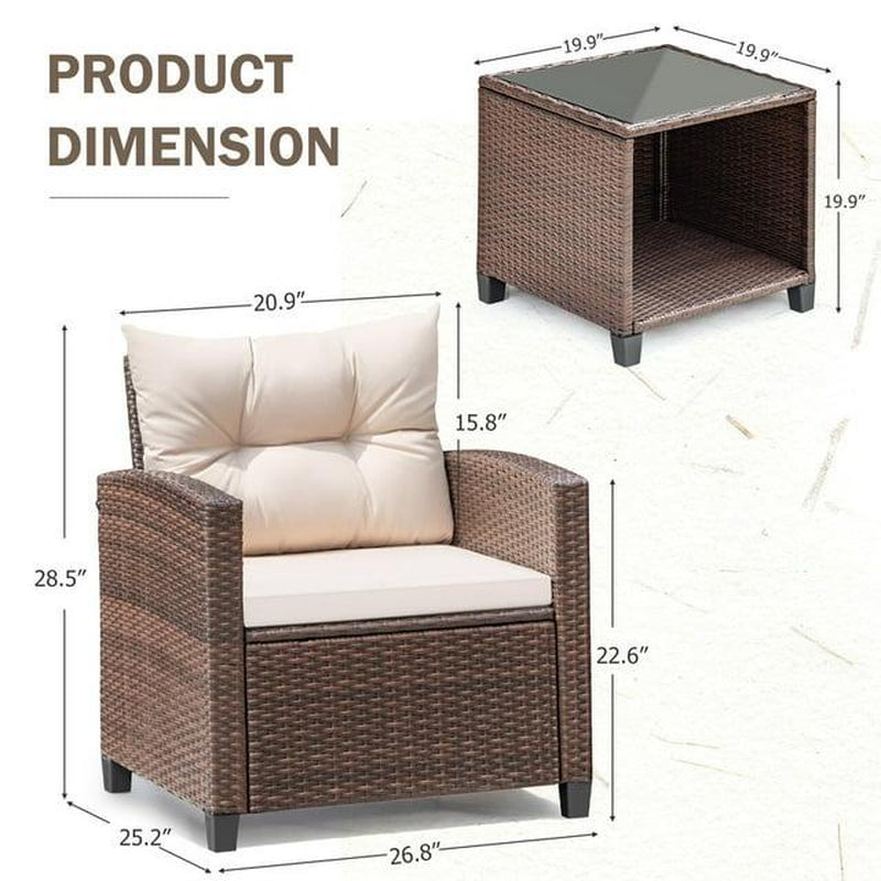 Furmax Outdoor Furniture 3 Pieces Patio Bistro Furniture Set, Rattan Conversation Chair with Cushion Cushion and Tea Table, Patio Furniture Set Balcony Garden Porch