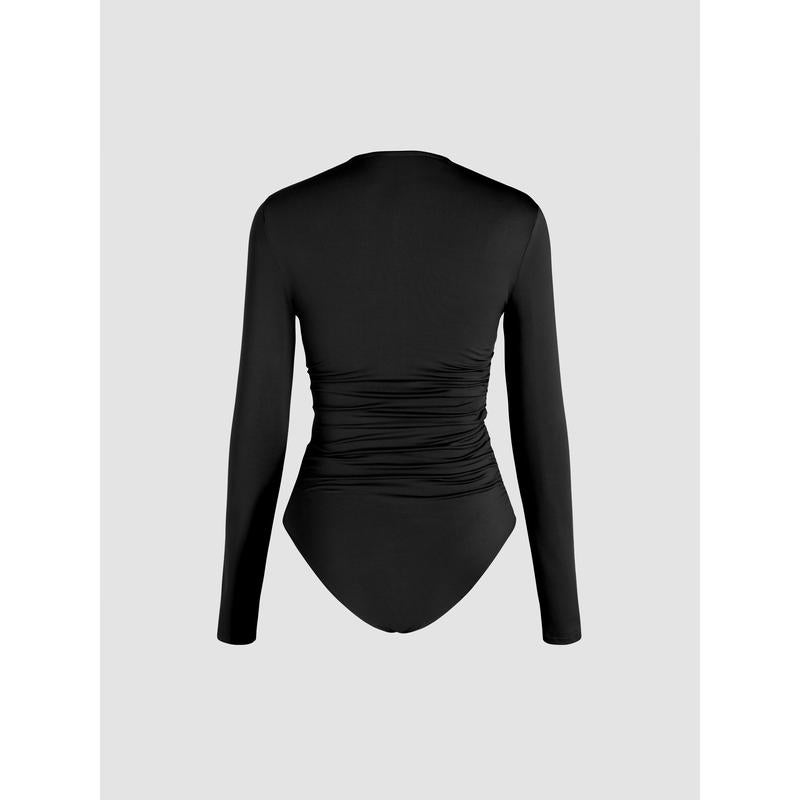 Cider [3 Colors, Size 2-26] round Neckline Solid Ruched Bodysuit