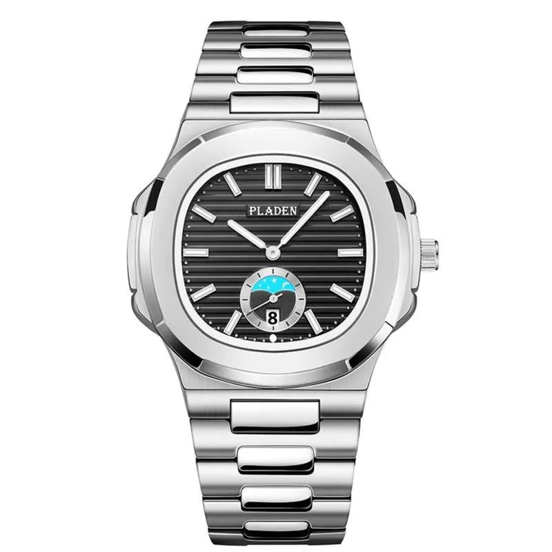 Mens Stainless Steel Watch with Moon Phase, Quartz Movement