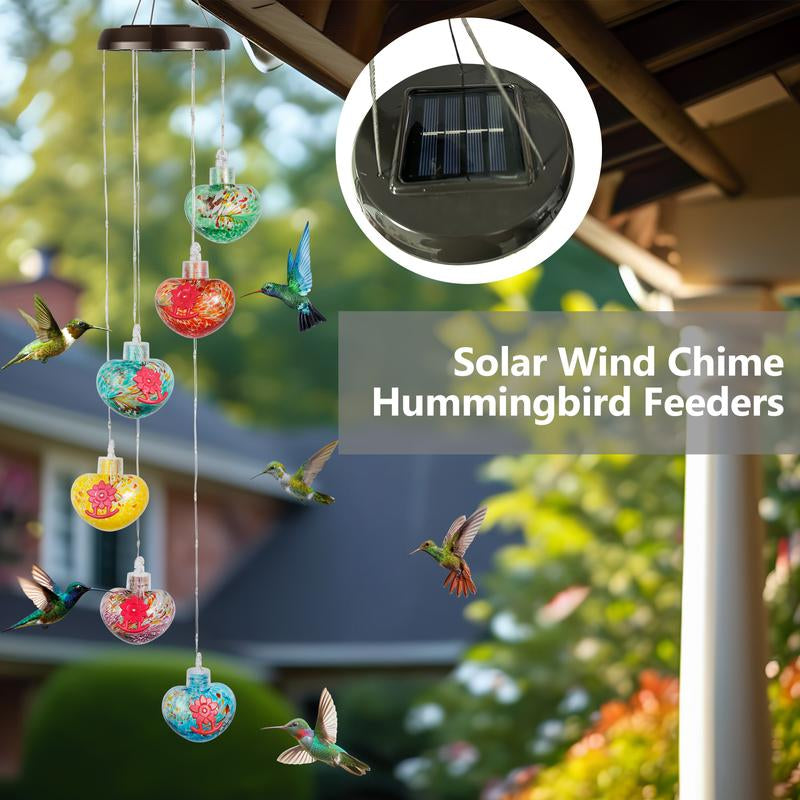 LUJII Solar Windchimes Hummingbird Feeders for Outdoors, Lighted LED Wires & 6 Hand Blown Glass, Heart Shaped, Garden Accessories