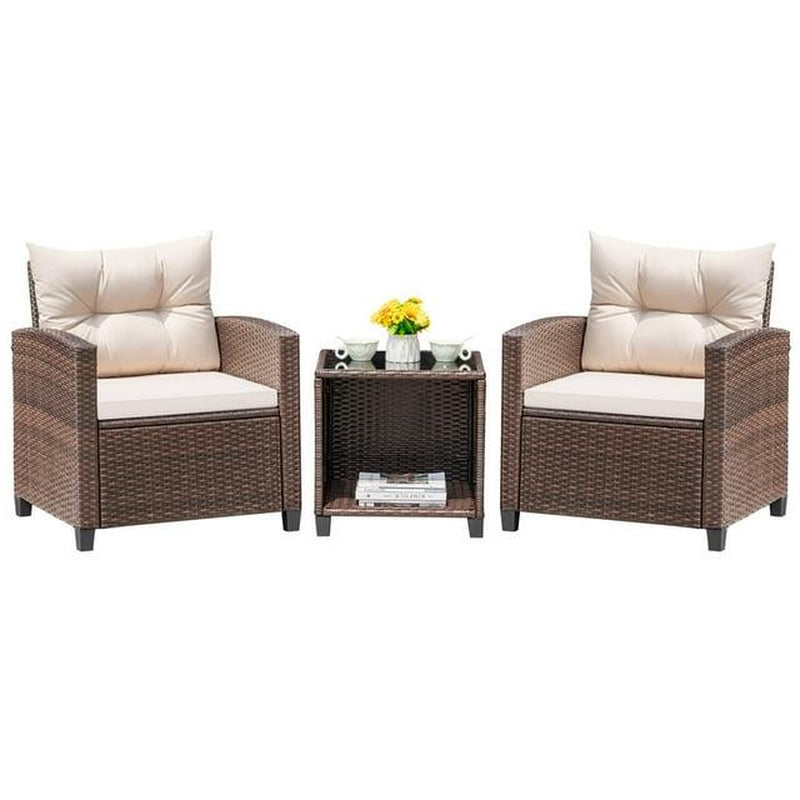Furmax Outdoor Furniture 3 Pieces Patio Bistro Furniture Set, Rattan Conversation Chair with Cushion Cushion and Tea Table, Patio Furniture Set Balcony Garden Porch