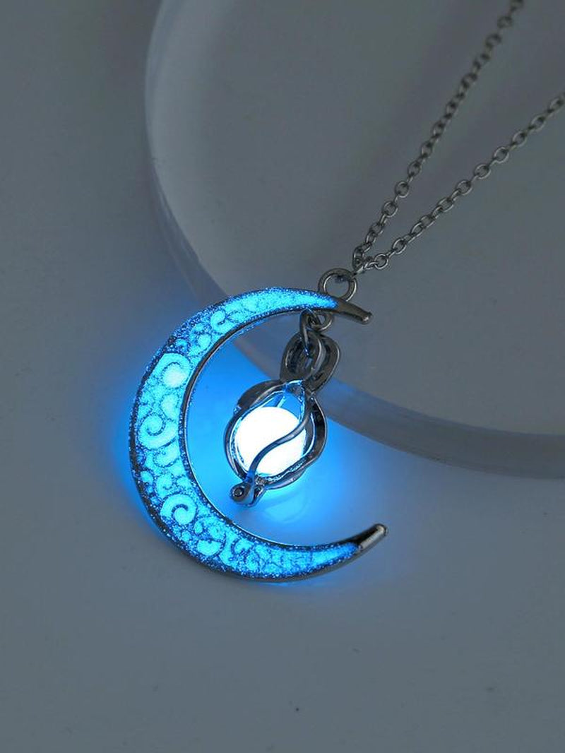 Women'S Glow in the Dark Moon Resin Pendant Necklace, Adjustable Zinc Alloy Necklace, Fashion Glowing Jewelry Accessories as Gift without Box, Tarnish Resistant Necklace