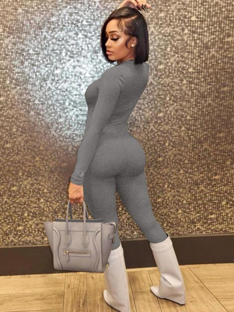 Women'S Solid Textured round Neck Bodycon Jumpsuit, Crew Neck Long Sleeve Tight One Piece Playsuit Jumpsuit, Fashion Ladies' New Autumn Clothes