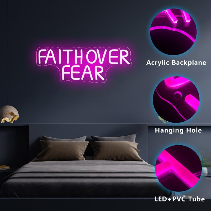 Faith over Fear Neon Signs for Wall Decor,Dimmable Positive Jesus Neon Light,Usb Neon Light for Man Cave Bedroom Birthday Party Classroom Backdrop Decor Aesthetic