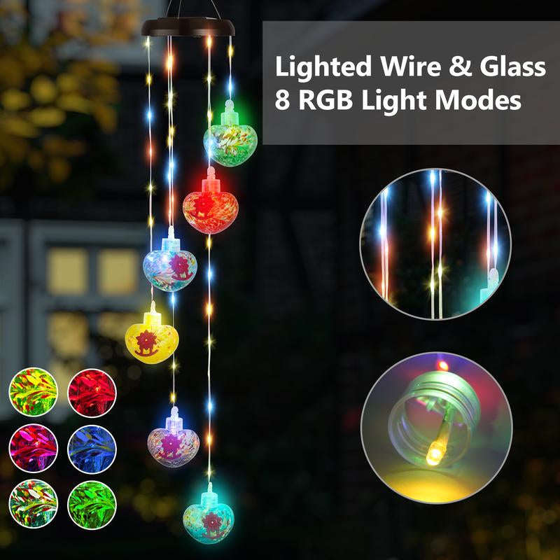 LUJII Solar Windchimes Hummingbird Feeders for Outdoors, Lighted LED Wires & 6 Hand Blown Glass, Heart Shaped, Garden Accessories