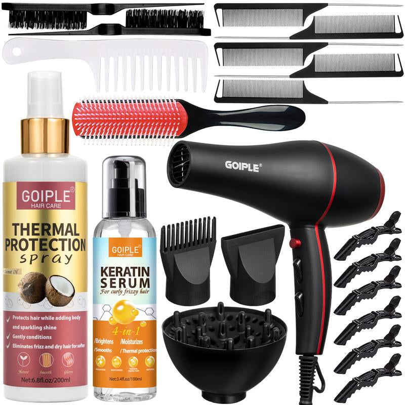 Professional 1800W Blow Dryer Set - Ionic Technology, Low Noise, and Constant Temperature Control Full Size Diffuser Keratin Serum Concentrator