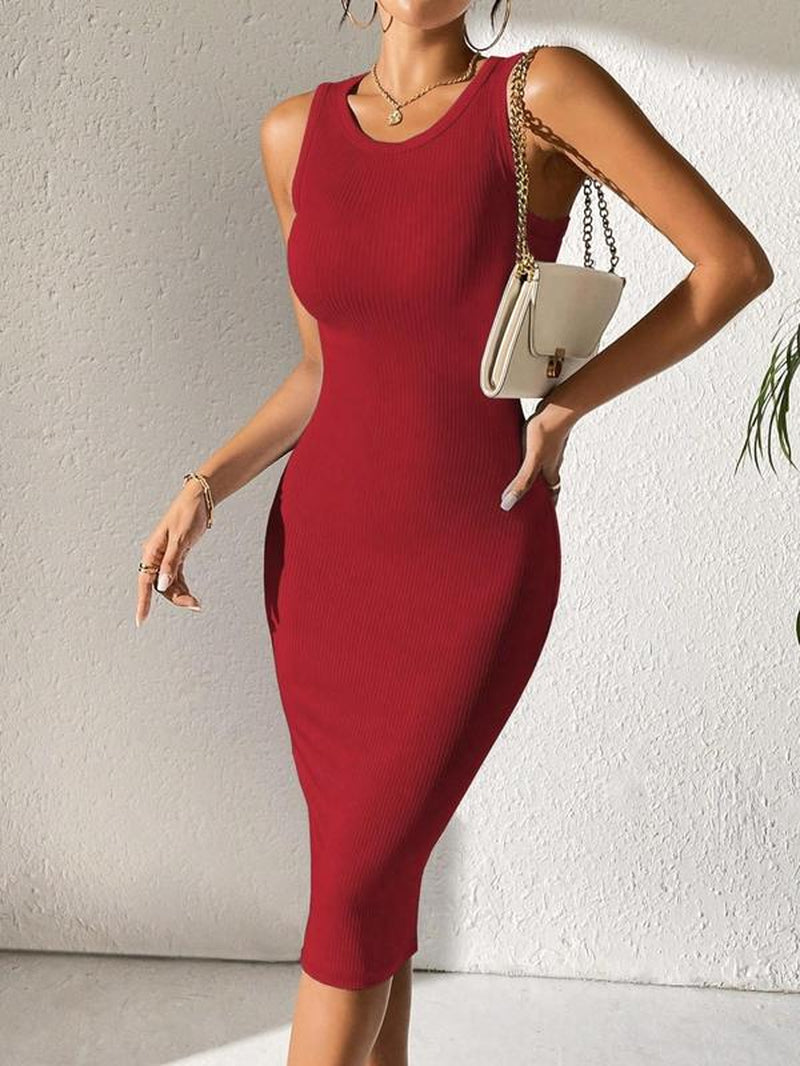 Women'S Plain round Neck Bodycon Tank Dress, Dresses for Women, Summer Sundress, Breathable Casual Chic Elegant Crewneck Sleeveless Dress for Summer, Ladies Summer Clothes, Dresses Summer, Womenswear, Formal