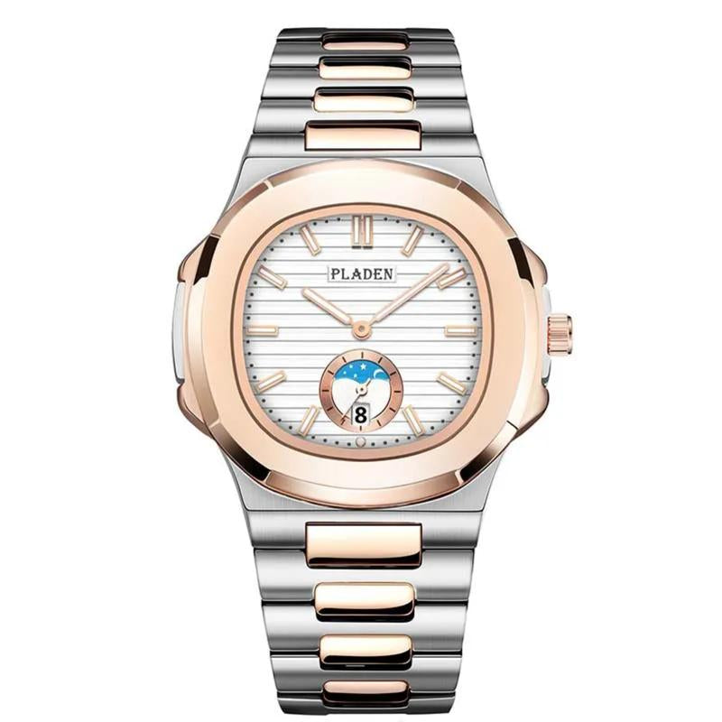 Mens Stainless Steel Watch with Moon Phase, Quartz Movement