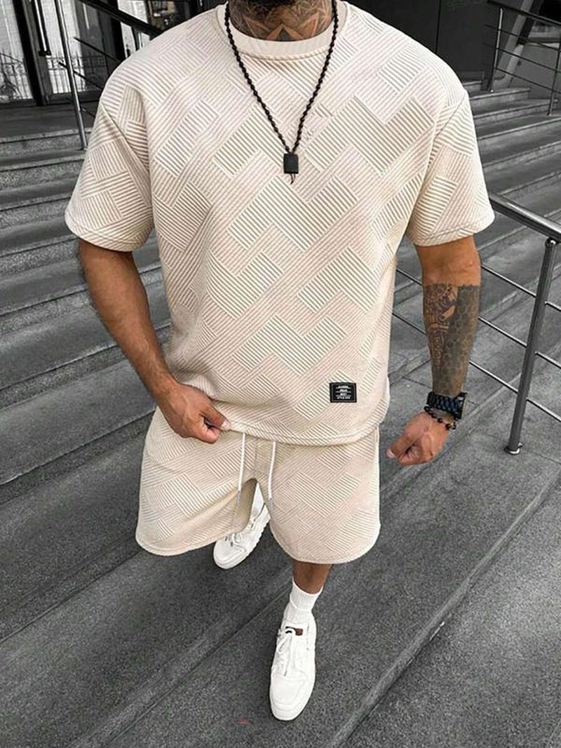 Men'S Solid Color Textured Letter Patched Crewneck Shortsleeve Tee & Drawstring Waist Shorts Set, Regular Fit Casual Fashion Short Sleeve T-Shirt & Pocket Track Shorts, Men'S Summer Clothes for Daily Wear, Womenswear, Summer Outfit Set, Clothing Sets
