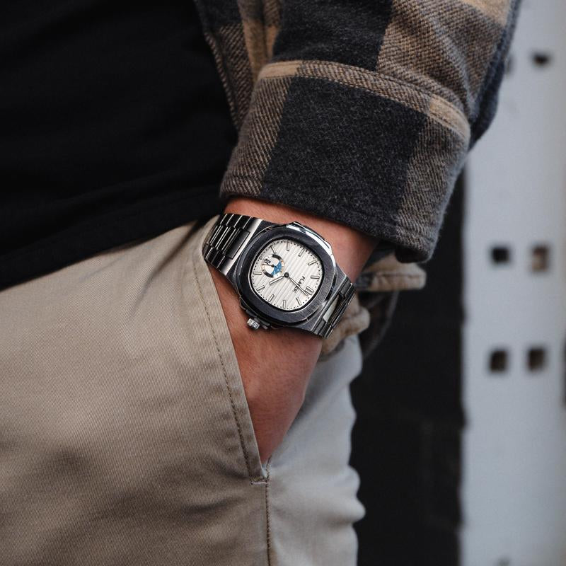 Mens Stainless Steel Watch with Moon Phase, Quartz Movement