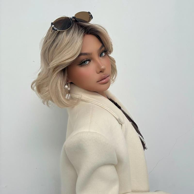 Eliana C-DWY Mono Lace Front Free Part Short Blonde Curly Glueless Synthetic Wig for Women 10 Inches