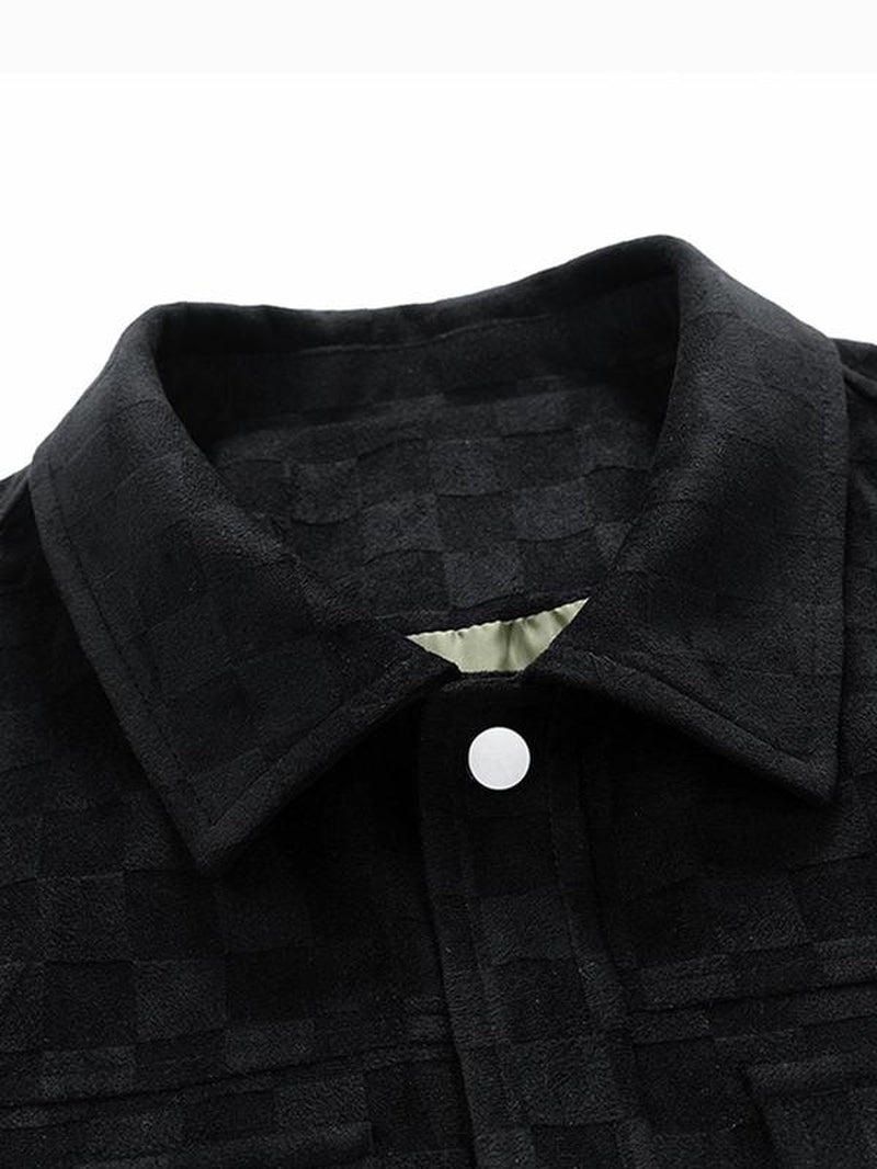 Men'S Plain Plaid Print Button Front Suede Jacket, Regular Fit Casual Long Sleeve Collared Pocket Outerwear for Spring & Fall, Coat, Fashion Menswear for Daily Wear