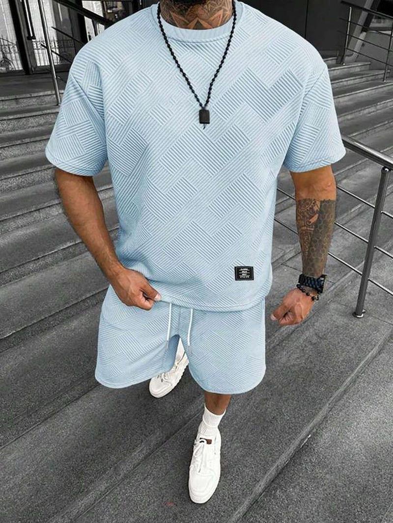 Men'S Solid Color Textured Letter Patched Crewneck Shortsleeve Tee & Drawstring Waist Shorts Set, Regular Fit Casual Fashion Short Sleeve T-Shirt & Pocket Track Shorts, Men'S Summer Clothes for Daily Wear, Womenswear, Summer Outfit Set, Clothing Sets