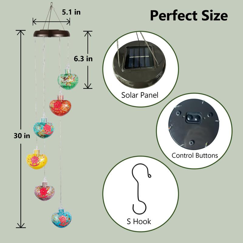 LUJII Solar Windchimes Hummingbird Feeders for Outdoors, Lighted LED Wires & 6 Hand Blown Glass, Heart Shaped, Garden Accessories