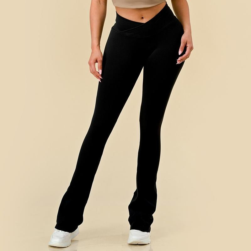 WOMENS FLARE PANTS RIBBED V-SHAPE, HIGH WAIST, WIDE LEG