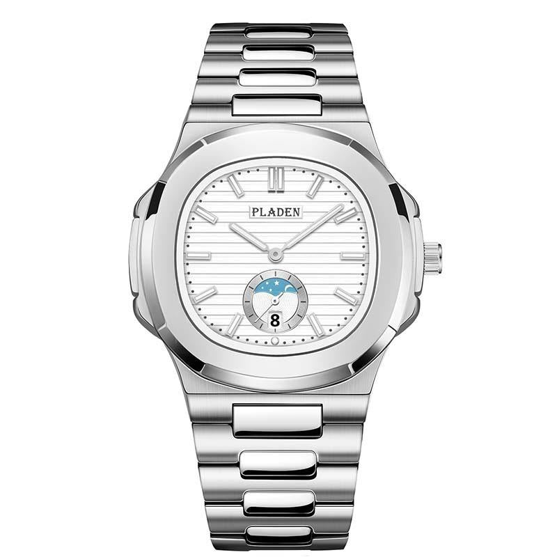 Mens Stainless Steel Watch with Moon Phase, Quartz Movement