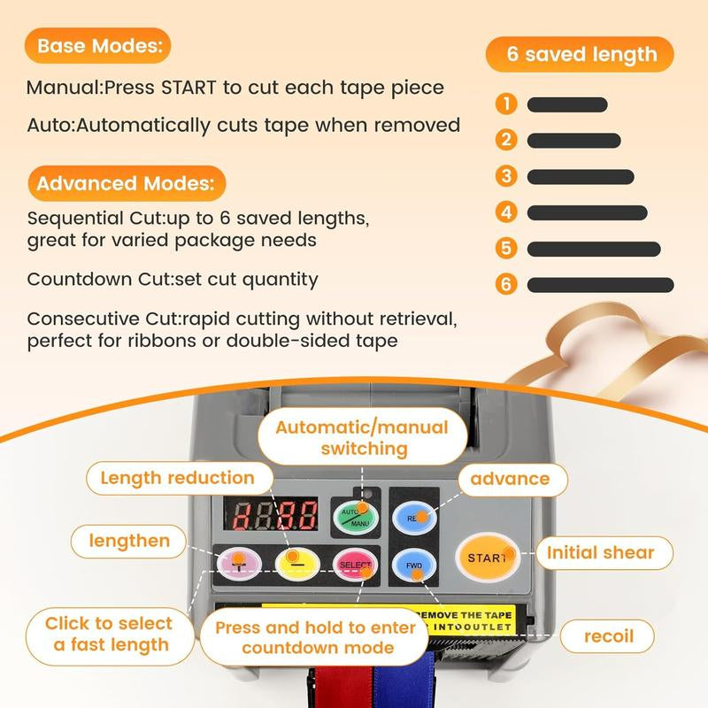 Ribbon Machine, Automatic Tape Dispenser, 999Mm Precision Cut, Ideal for Shipping, Schools, Restaurants, Business & Home