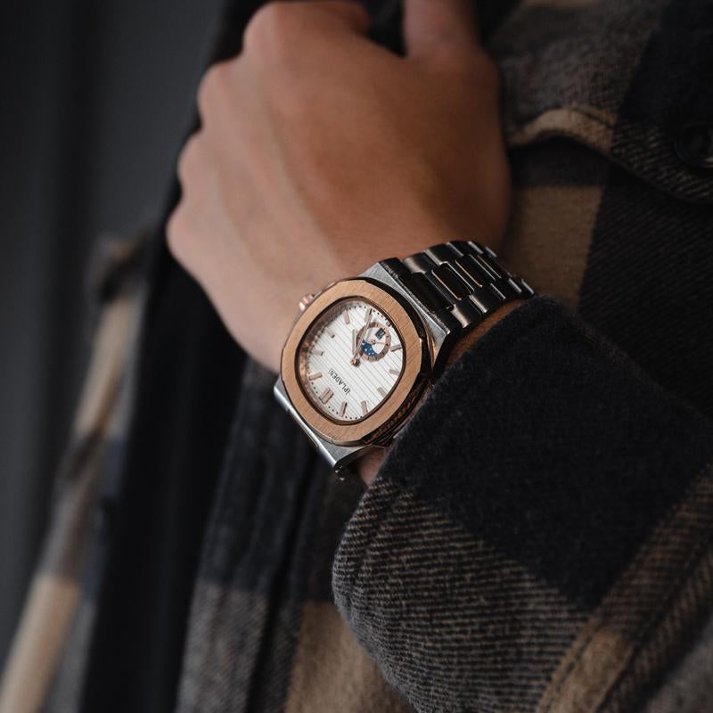 Mens Stainless Steel Watch with Moon Phase, Quartz Movement