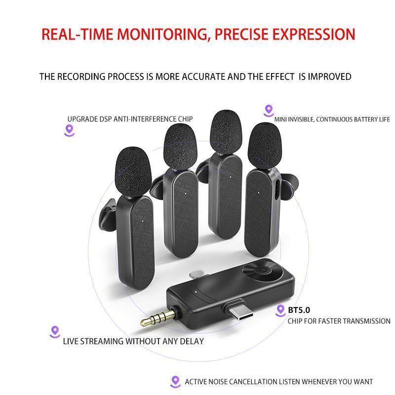 1-To-4 Portable Wireless Microphone Set, Rechargeable Wireless Mic for Content Creators, Professional Wireless Microphone Set for Live Streaming & Podcasting