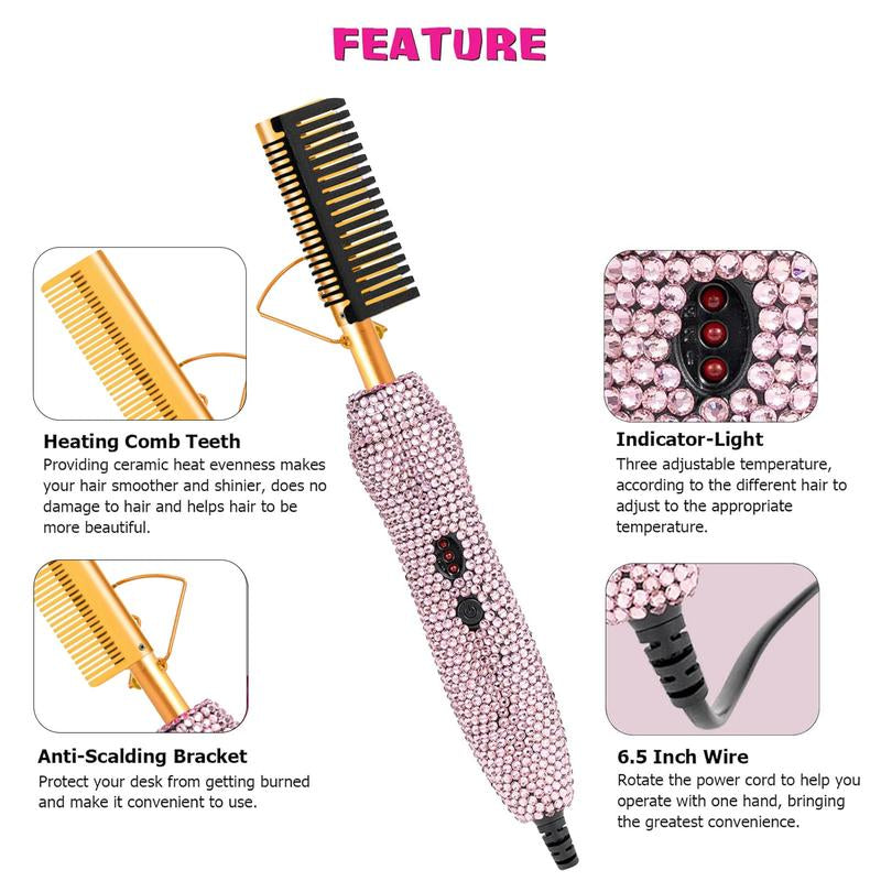 Diamond Electric Hair Straightening and Curling Comb 450°F for Natural Hair and Wigs,Straightening Brush,Straightener,Hair Styling Tools