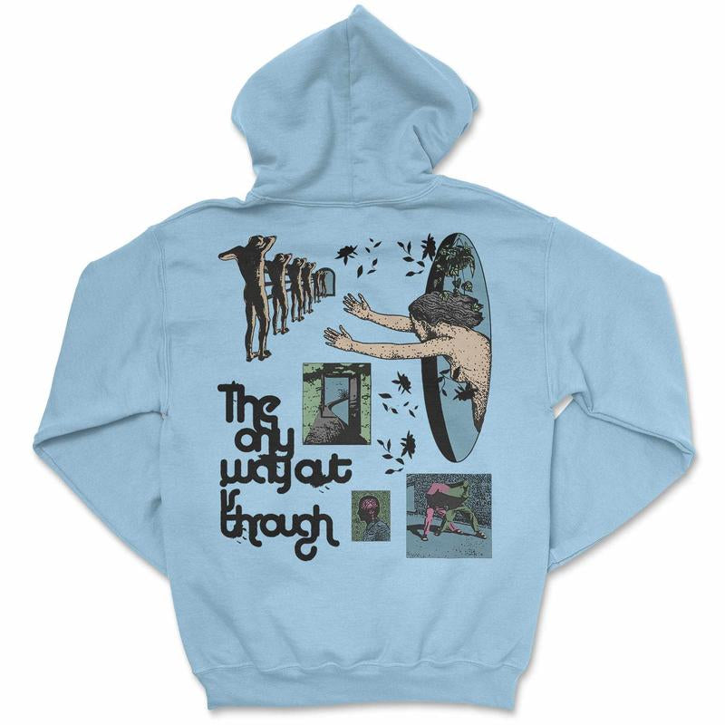 Awake Happy - the Only Way Out Is through Hoodie Menswear Unisex Womens Sweaters Pullover Big Baggy Graphic Print Cotton Polyester Blend Gildan Soft Tops DTG Printed Mindfulness Spiritual Motivational Self Help Mental Health