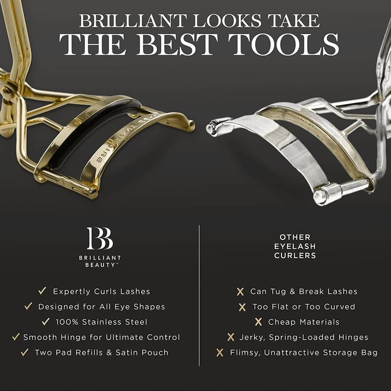 Brilliant Beauty Eyelash Curler with Satin Bag & Refill Pads - Award Winning - No Pinching, Just Dramatically Curled Eyelashes for a Lash Lift in Seconds