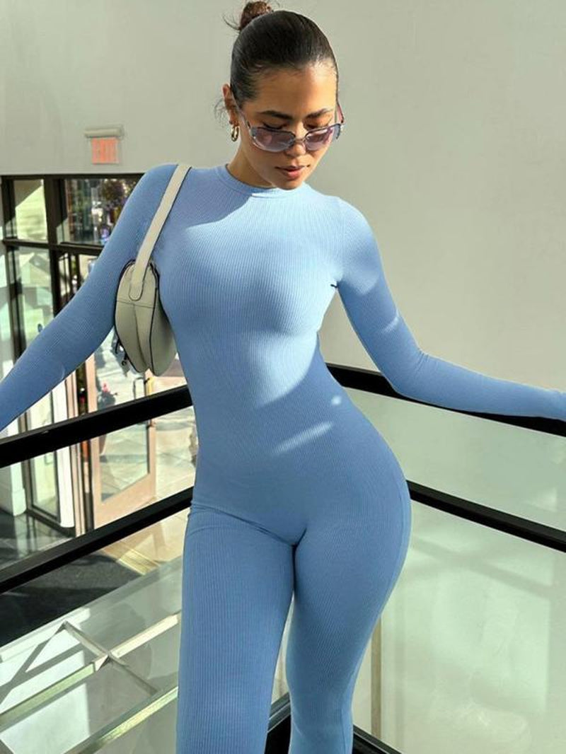Women'S Solid Textured round Neck Bodycon Jumpsuit, Crew Neck Long Sleeve Tight One Piece Playsuit Jumpsuit, Fashion Ladies' New Autumn Clothes