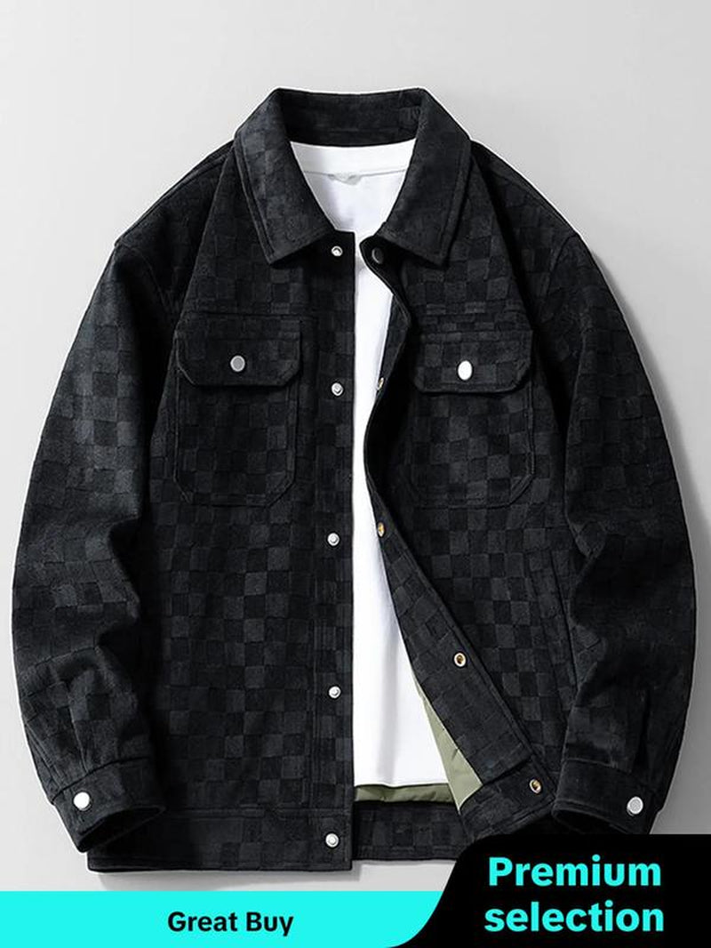 Men'S Plain Plaid Print Button Front Suede Jacket, Regular Fit Casual Long Sleeve Collared Pocket Outerwear for Spring & Fall, Coat, Fashion Menswear for Daily Wear