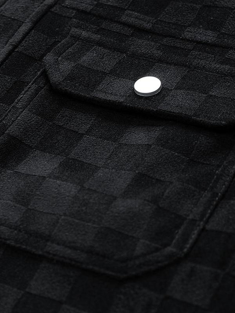 Men'S Plain Plaid Print Button Front Suede Jacket, Regular Fit Casual Long Sleeve Collared Pocket Outerwear for Spring & Fall, Coat, Fashion Menswear for Daily Wear